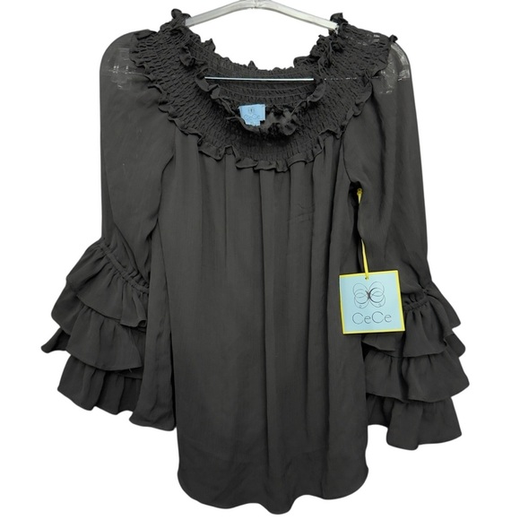 Tops - CeCe XS Black Smocked Neck Ruffle Sleeve Blouse Top NWT